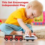 Wooden Trains Set Motorized Action Trains, 9 Piece Battery Operated Engine Train Toy, 3 Motorized And 6 Wooden Trains, Compatible To Wooden Tracks From All Major Brands