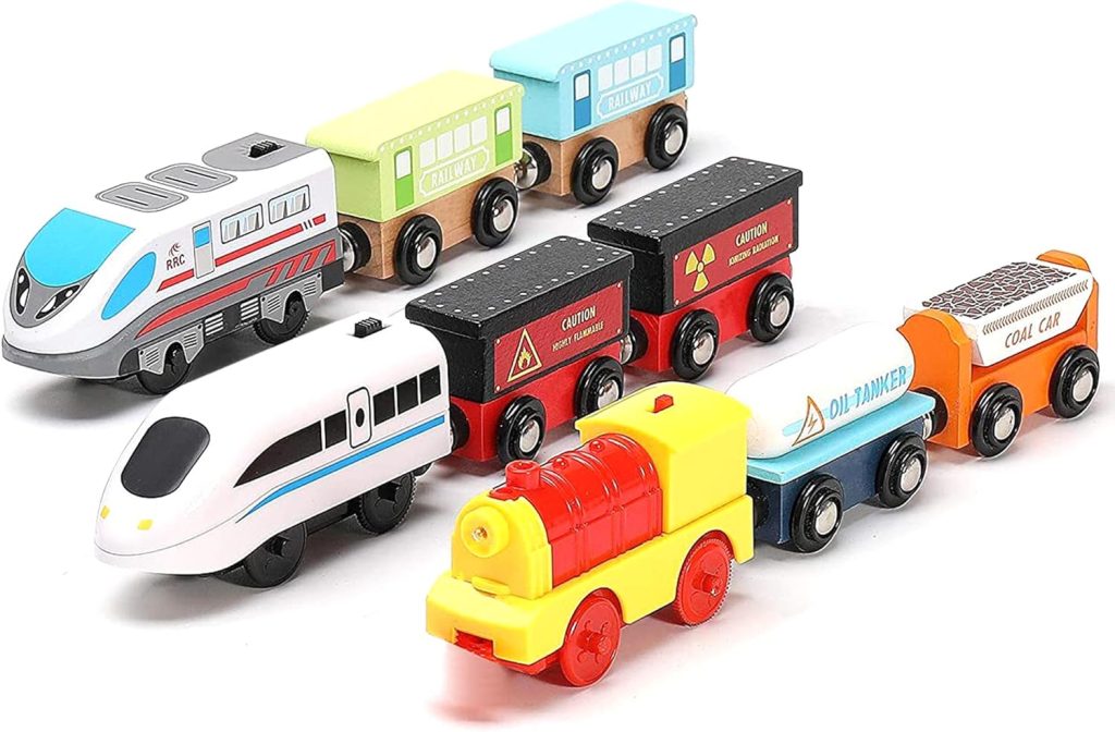 Wooden Trains Set Motorized Action Trains, 9 Piece Battery Operated Engine Train Toy, 3 Motorized And 6 Wooden Trains, Compatible To Wooden Tracks From All Major Brands