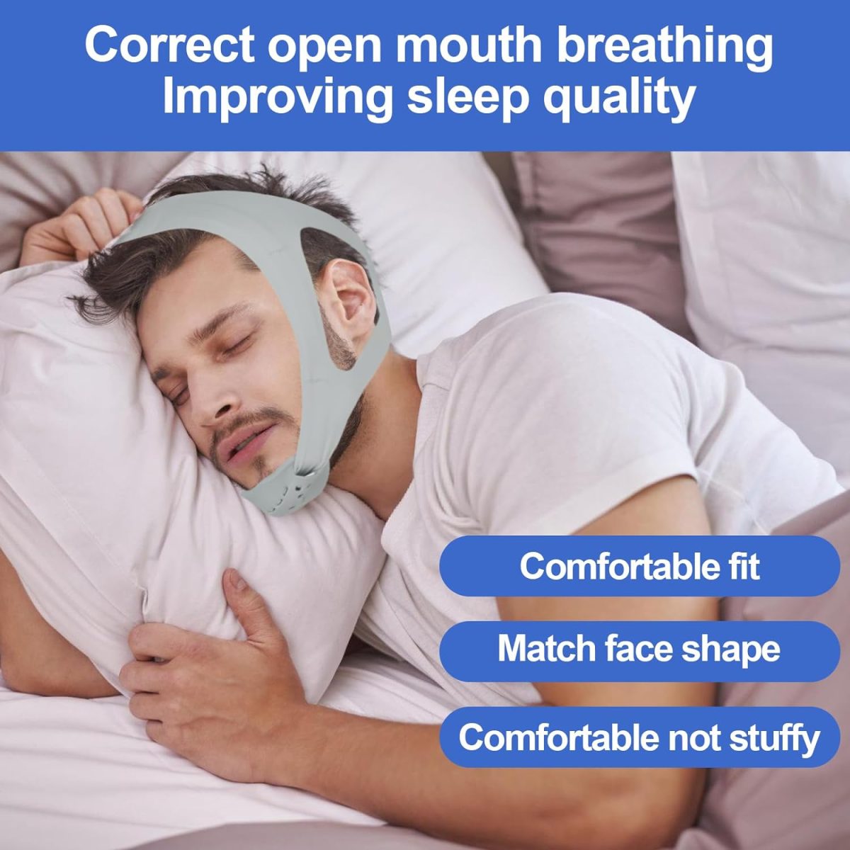 Anti Snoring Chin Strap,Chin Strap For Cpap Users Adjustable And Breathable Chin Strap Provide The Effective Snoring Solution To Stop Snoring Sleep Aid Snore Reducing Aid For Woman And Men.