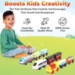 Wooden Trains Set Motorized Action Trains, 9 Piece Battery Operated Engine Train Toy, 3 Motorized And 6 Wooden Trains, Compatible To Wooden Tracks From All Major Brands