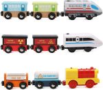 Wooden Trains Set Motorized Action Trains, 9 Piece Battery Operated Engine Train Toy, 3 Motorized And 6 Wooden Trains, Compatible To Wooden Tracks From All Major Brands