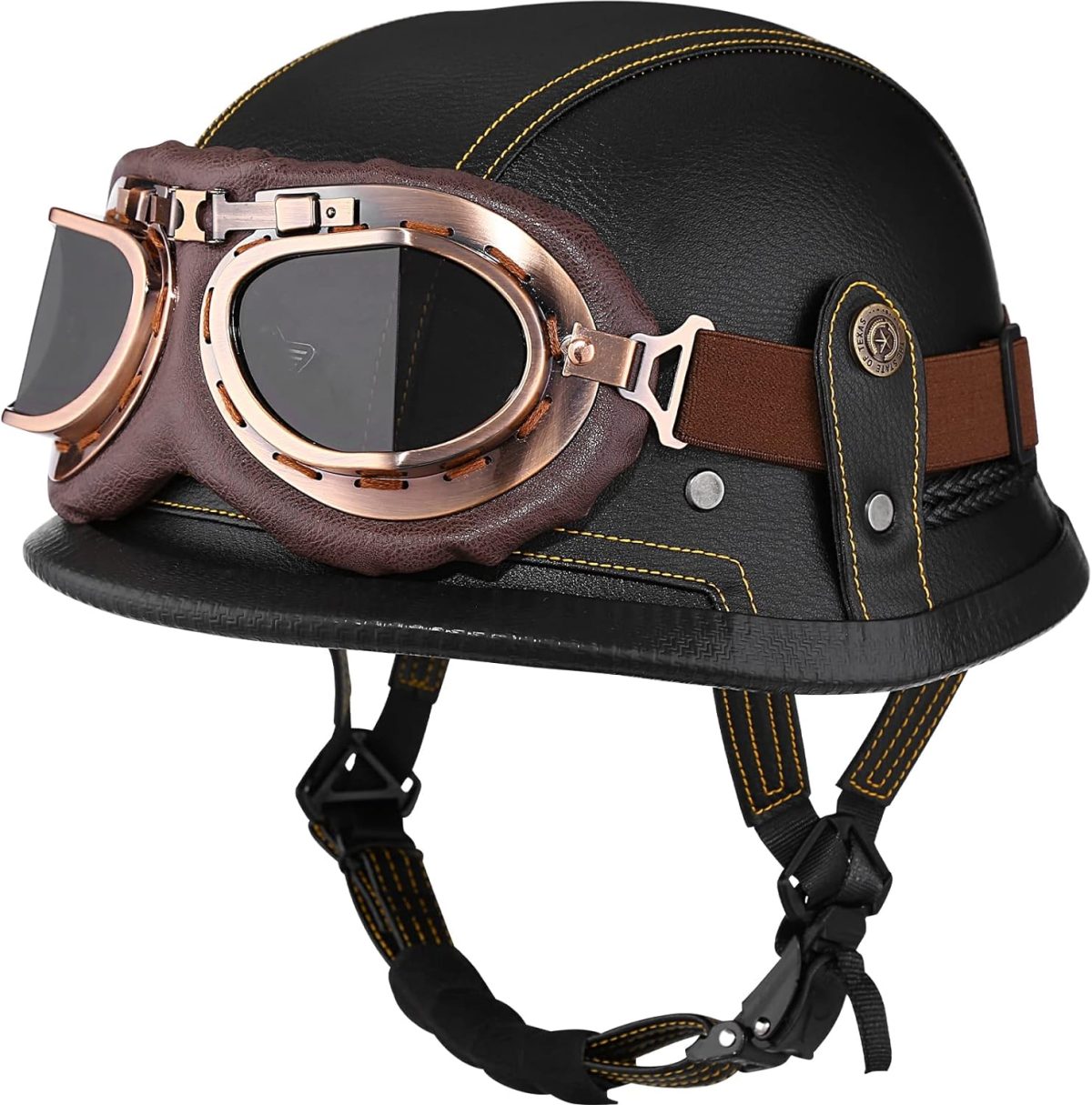 Yesmotor Motorcycle Half Helmet Retro German Leather Half Face Quick Release Buckle & Goggles - Dot Approved