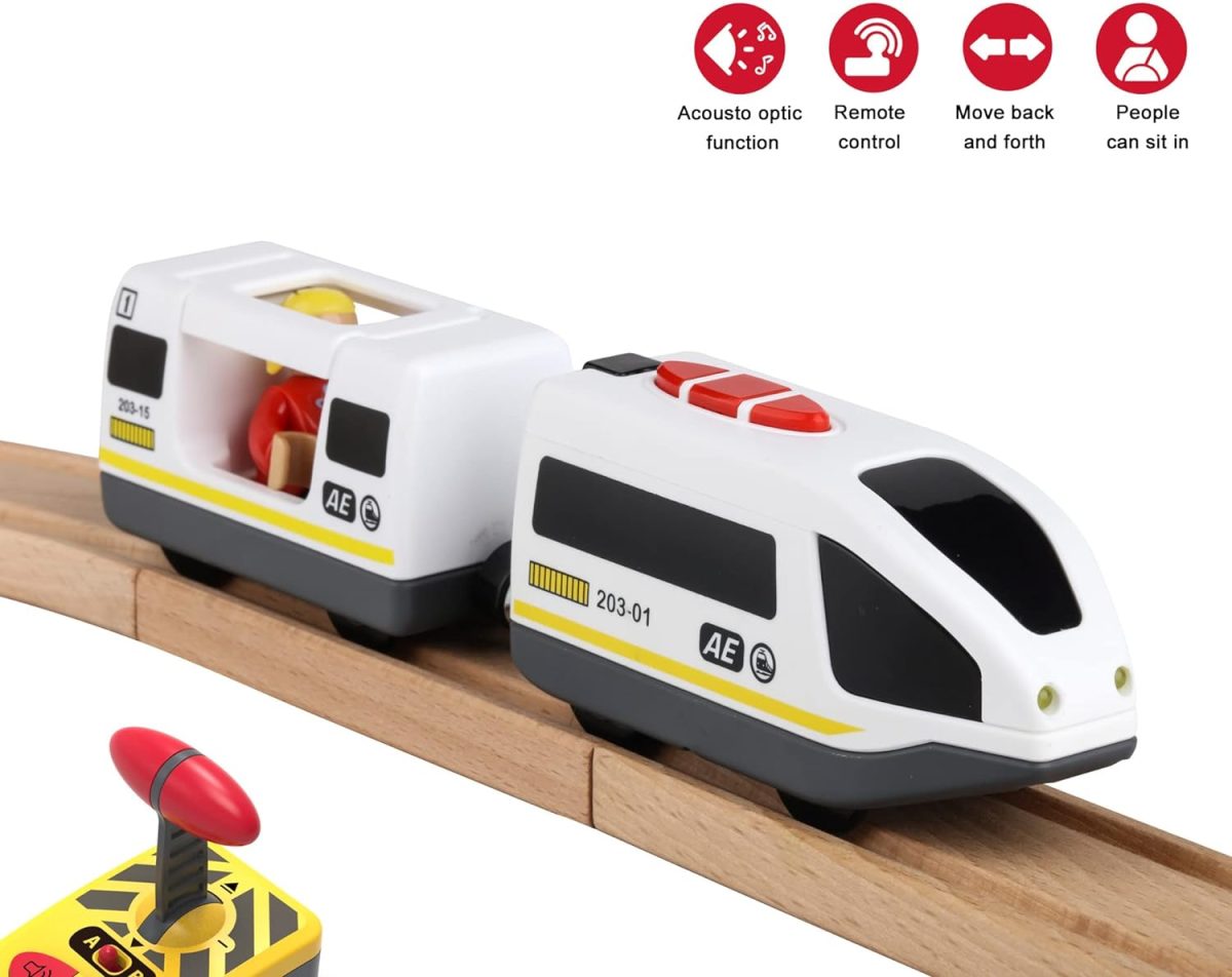 Wooden Train Set Accessories Battery Operated Locomotive Train, Remote Control Train Vehicles For Wood Tracks, Powerful Engine Train Cars Fits All Major Brands Of Railway System (Battery Not Included)