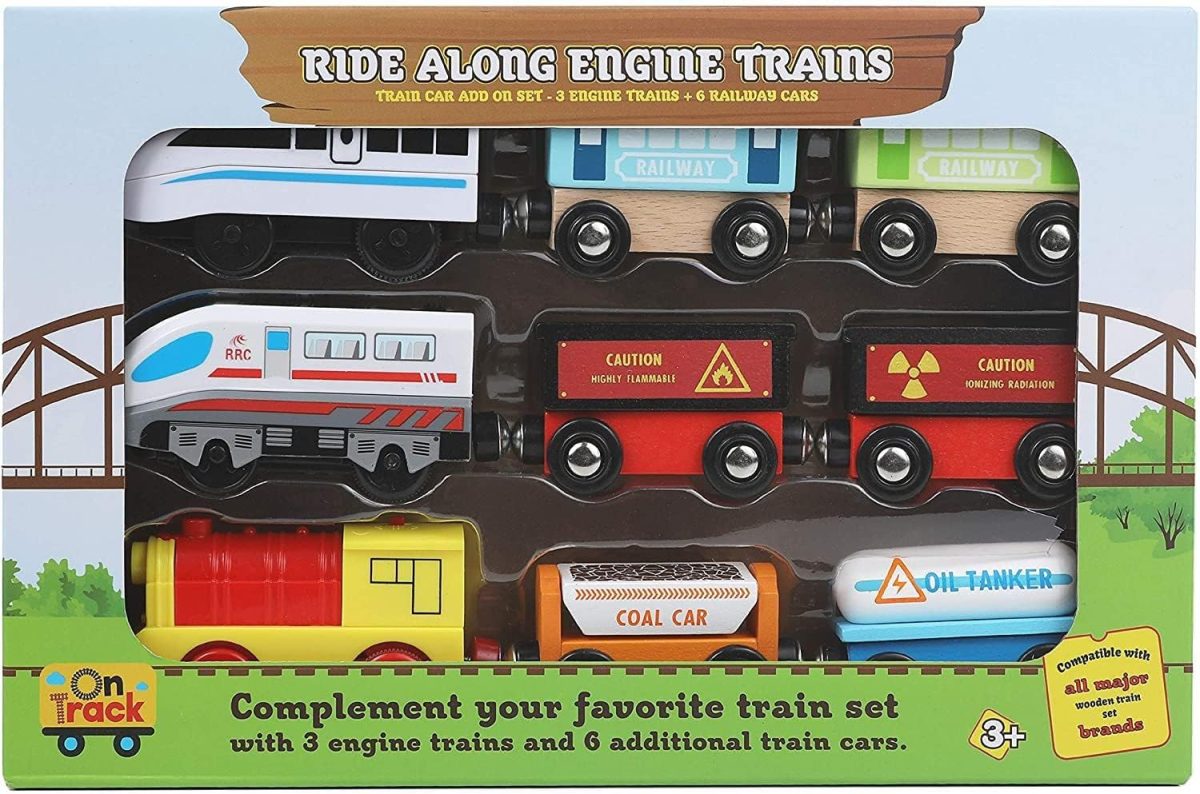 Wooden Trains Set Motorized Action Trains, 9 Piece Battery Operated Engine Train Toy, 3 Motorized And 6 Wooden Trains, Compatible To Wooden Tracks From All Major Brands