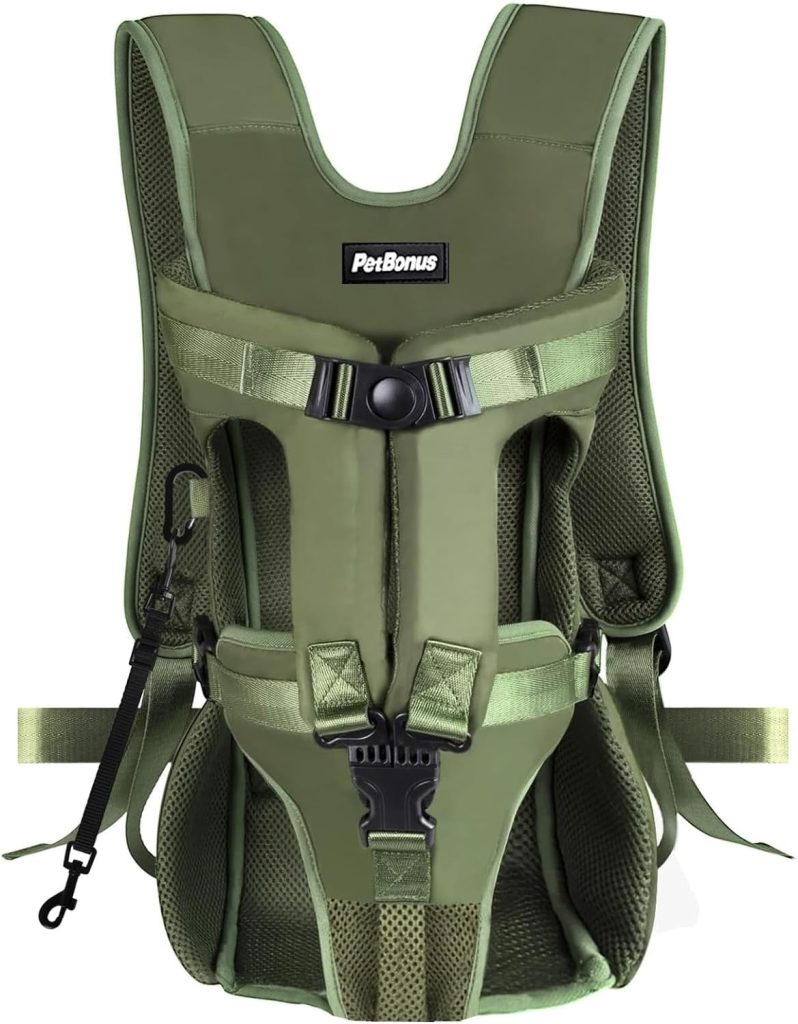 Petbonus Pet Front Dog Carrier Backpacks, Adjustable Backpack Legs Out Easy-Fit Chest Carrier For Medium Small Dogs, Hands Dog Front Carrier For Hiking, Cycling (Army Green, S)