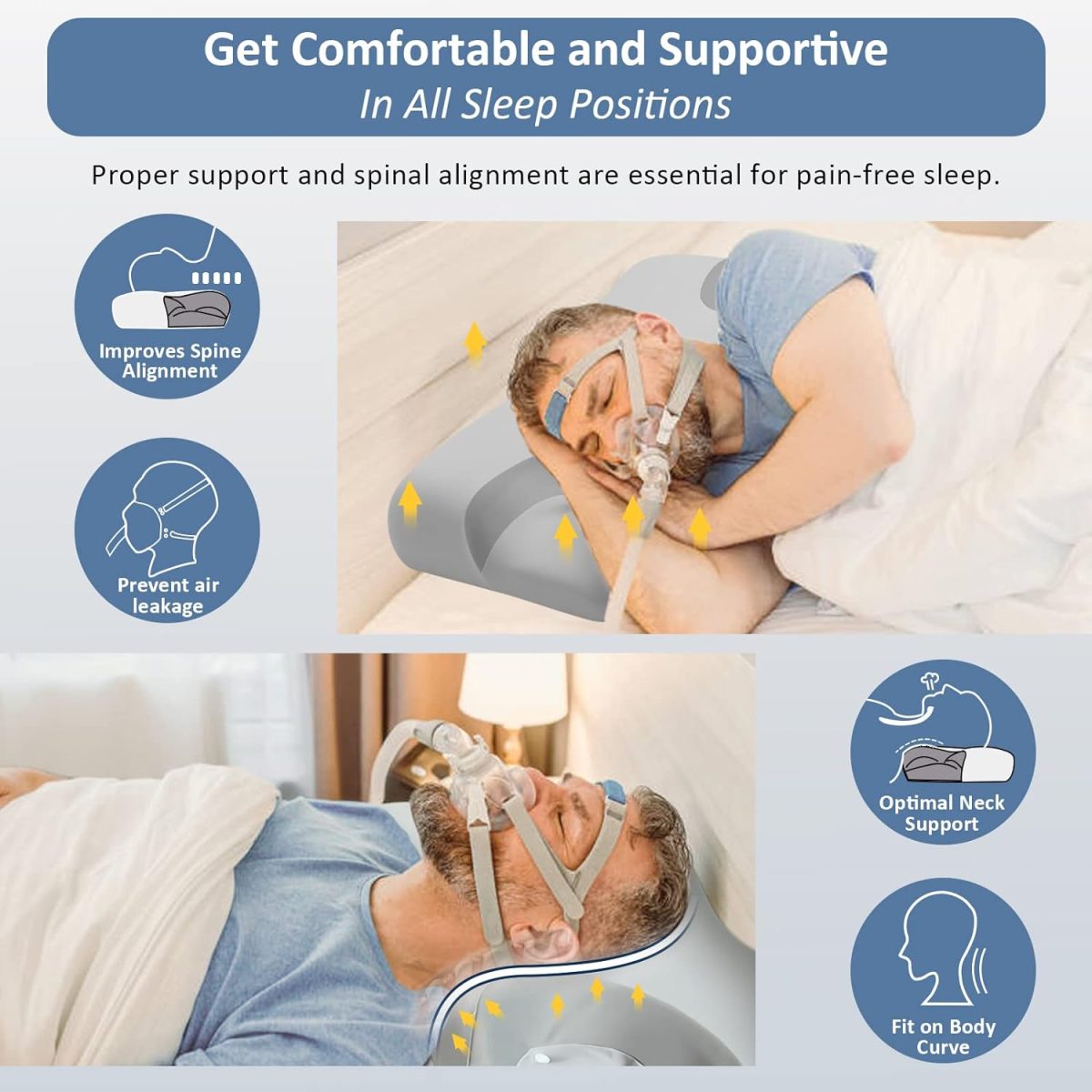 Ikstar Cooling Cpap Pillow For Side Sleepers, Sleep Apnea Pillow For Cpap User - Reduce Air Leak, Hose Tangle, Pressure, Memory Foam Neck Support Pillow Side, Back, Stomach Sleeper