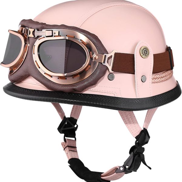 Yesmotor Motorcycle Half Helmet Retro German Leather Half Face Quick Release Buckle & Goggles - Dot Approved