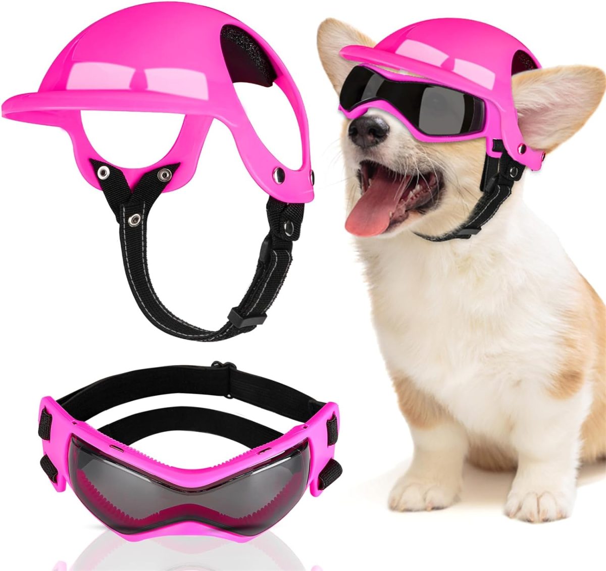 Slowton Dog Helmet And Goggles - Uv Protection Doggy Sunglasses Dog Glasses Pet Motorcycle Helmet Hat With Ear Holes Adjustable Belt Safety Hat For Small Medium Large Dogs Puppy Riding (Black, S)