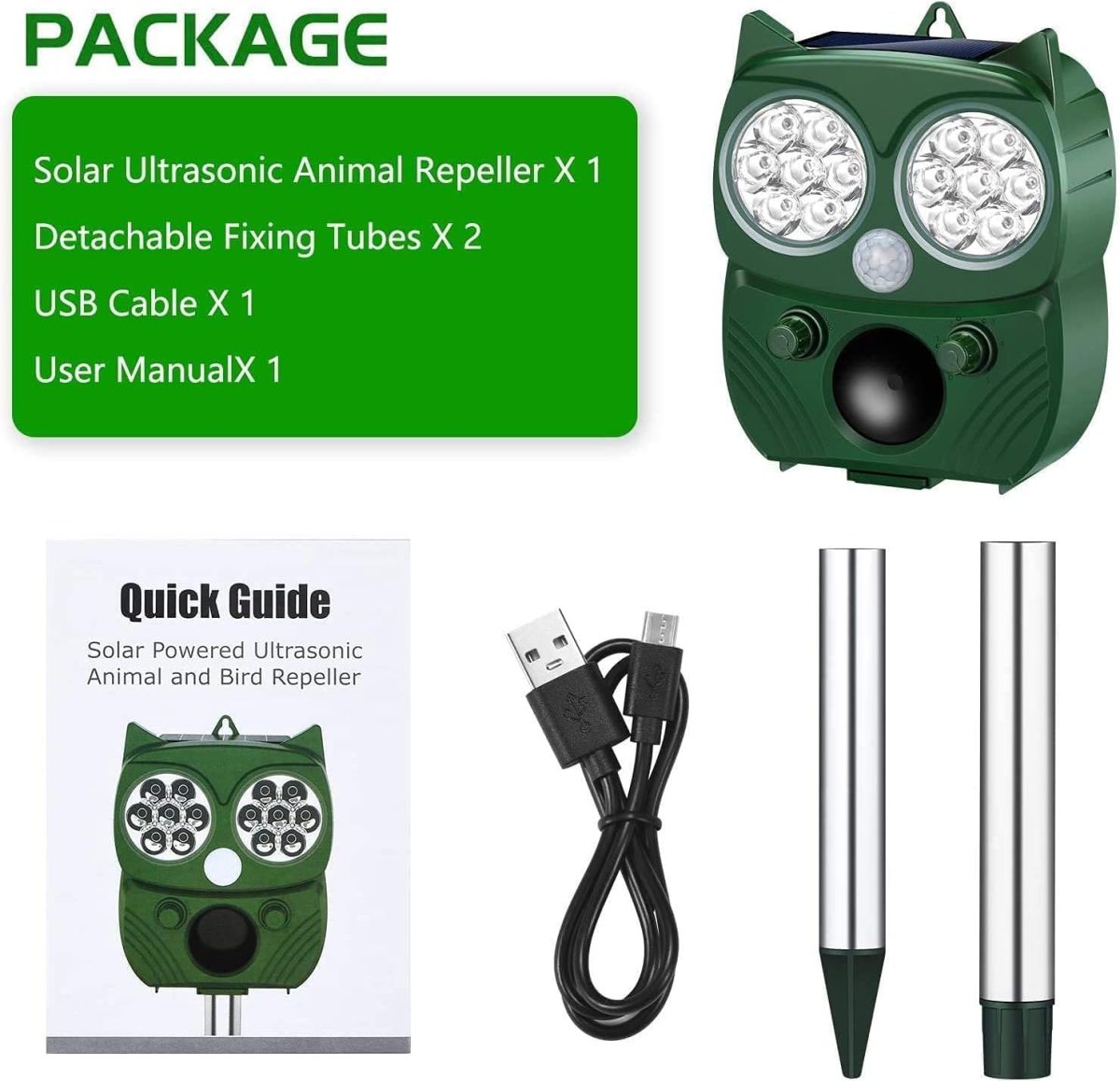 Solar Animal Repeller, Ultrasonic Repellent, Motion Detection, Led Flashing Light, Dog, Cat Repellent, Squirrel, Raccoon, Skunk, Rabbit, Rodent, Fox, Deer, Etc.