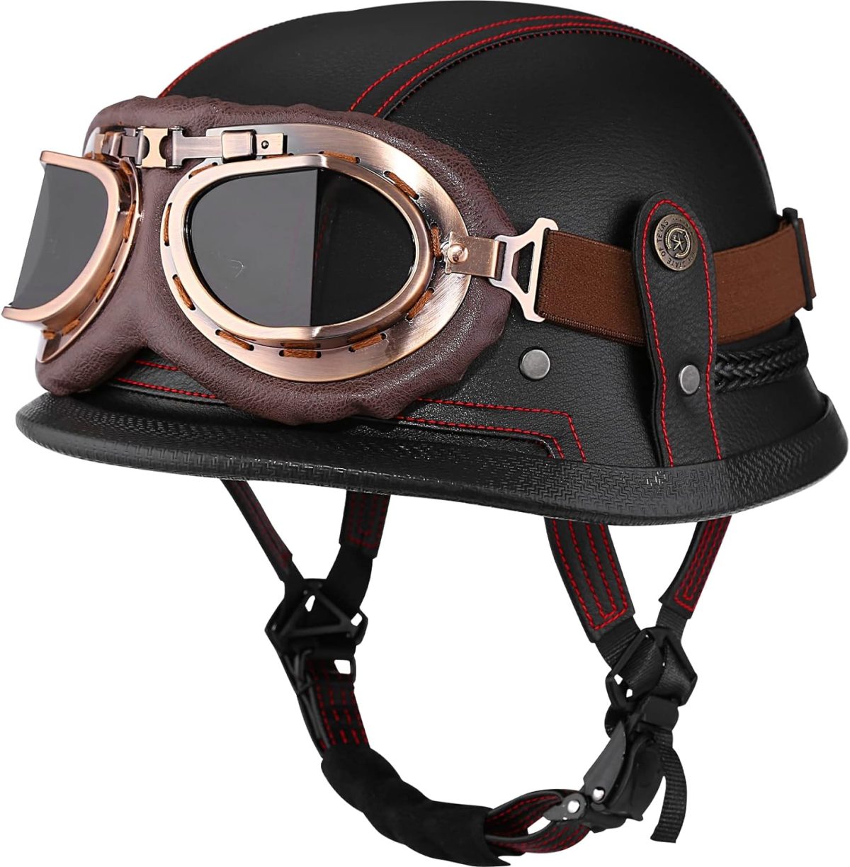 Yesmotor Motorcycle Half Helmet Retro German Leather Half Face Quick Release Buckle & Goggles - Dot Approved