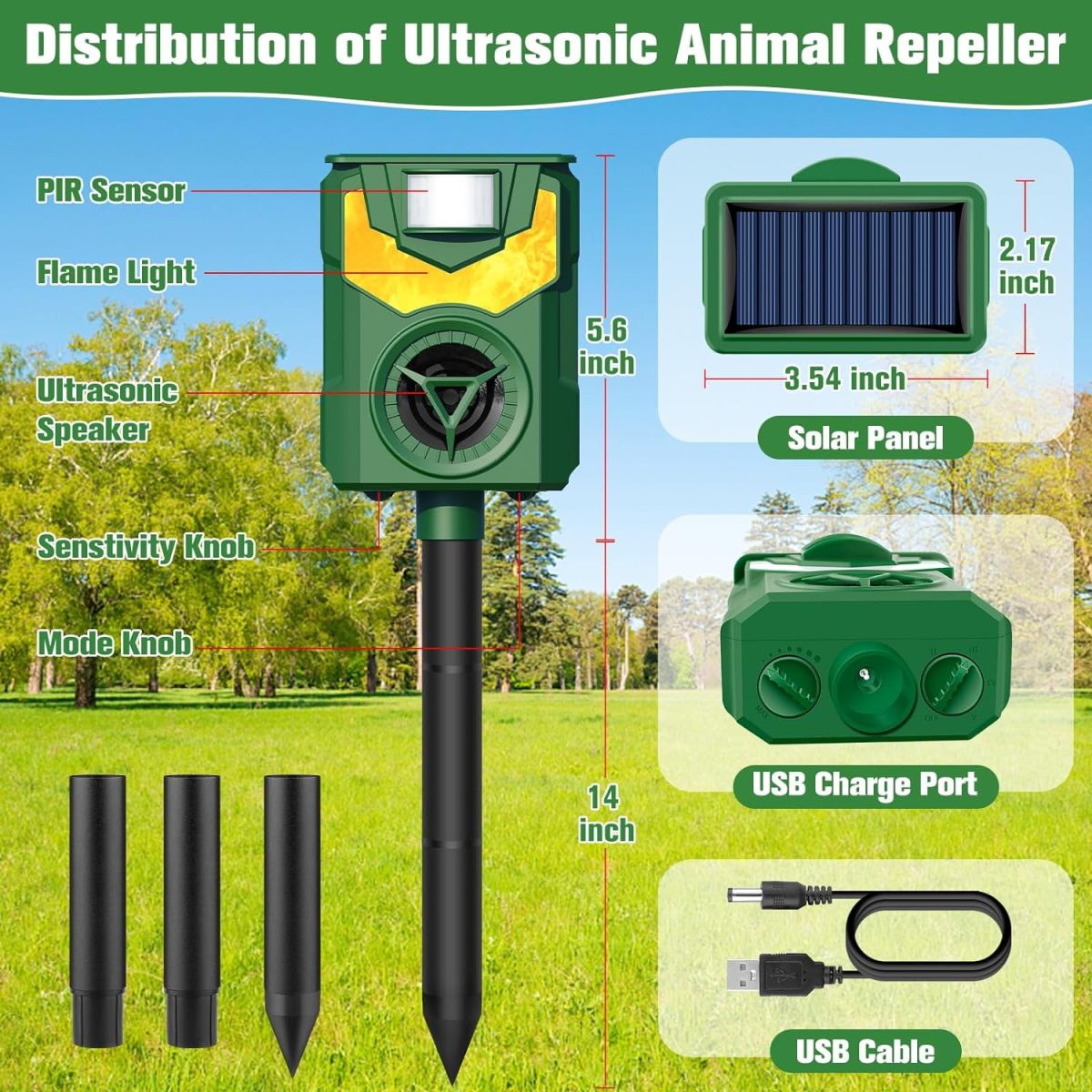 Ultrasonic Animal Repeller,2024 Cat Deterrent Outdoor,Deer Repellent Devices Flame Light Ultrasonic Pest Repellent With Motion Sensor,Repel Dogs Bird Skunk Rabbit Squirrels Deer Raccoon