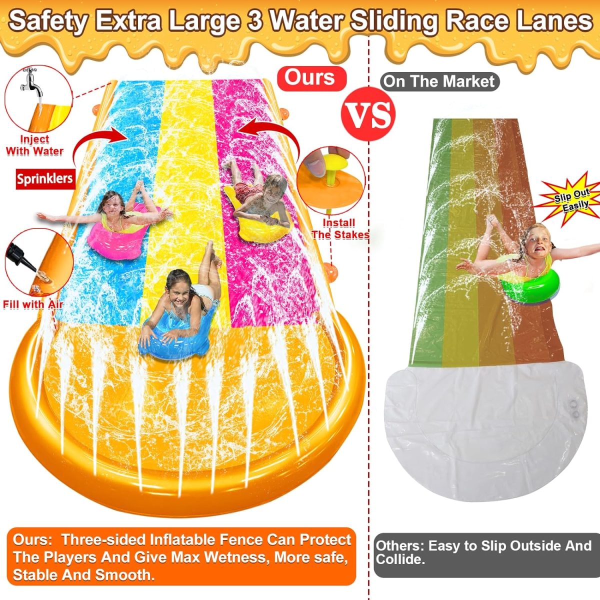 [ 3 Sided Safe Fence ] Extra Width Triple Slip Water Slide With 3-Way Sprinklers, Backyard Lawn Water Slides And 3 Bodyboards With Handle, Summer Outdoor Water Fun Toys For Kids Adults,16Ft X 7Ft