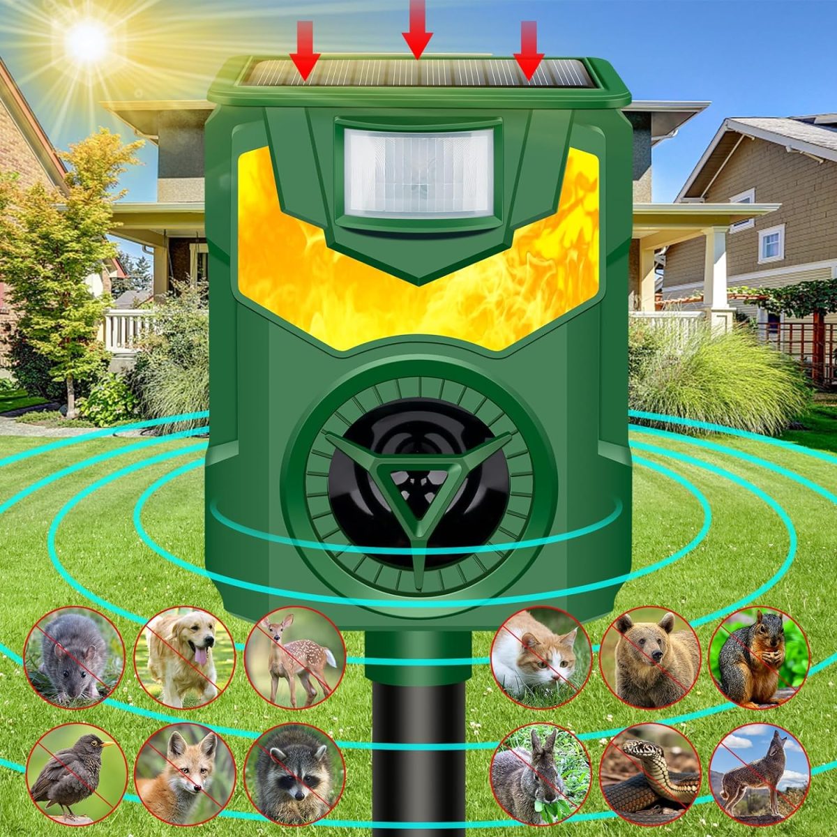 Ultrasonic Animal Repeller,2024 Cat Deterrent Outdoor,Deer Repellent Devices Flame Light Ultrasonic Pest Repellent With Motion Sensor,Repel Dogs Bird Skunk Rabbit Squirrels Deer Raccoon