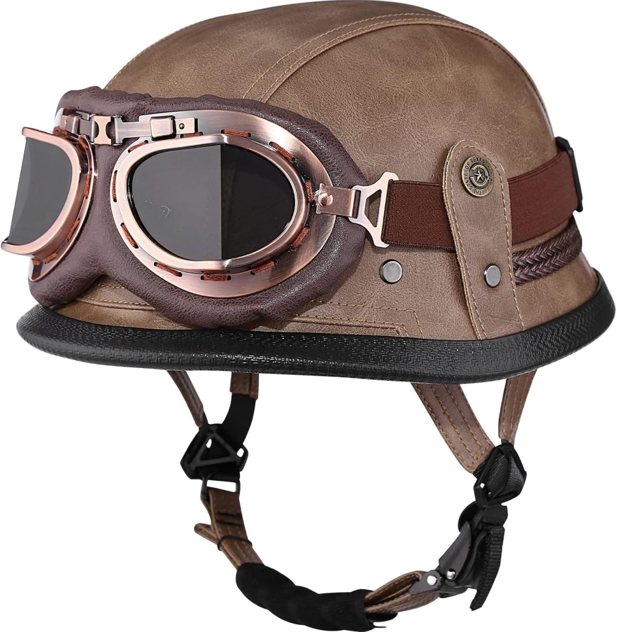 Yesmotor Motorcycle Half Helmet Retro German Leather Half Face Quick Release Buckle & Goggles - Dot Approved