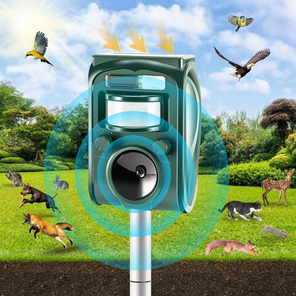 Ultrasonic Animal Repellent, Outdoor Solar Powered Squirrels Deterrent With Motion Sensor,Sound And Led Flashing,Waterproof Deer Repeller,Animal Repellent For Cat Dog Bird Skunk Rabbit Wild Pigs