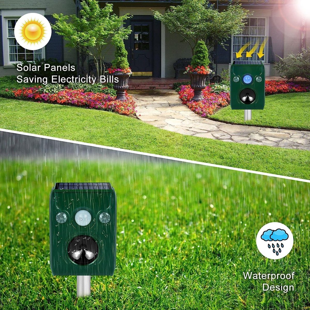 2 Pack Solar Animal Repeller Ultrasonic Outdoor Animal Repellent Waterproof Movement Led Flashing Alarm Sound Activated Applicable Todeer,Cat,Bird,Rabbit,Squirrel,Skunk.Protecting Lawn Orchards?