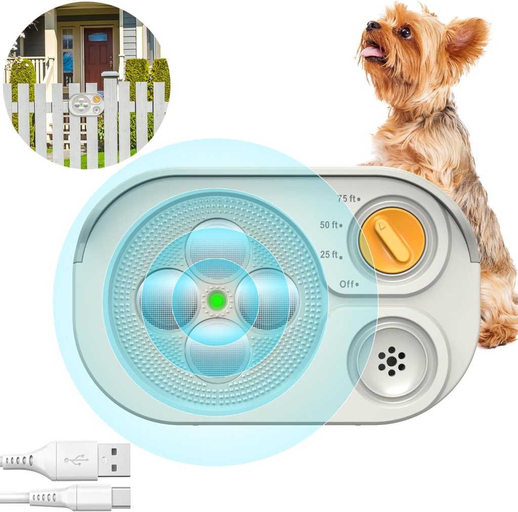 2024New Anti Barking Device, Bark Box Rechargeable Dog Barking Deterrent With 6 Modes/Dual Frequency/Ip65 Waterproof Multi-Ultrasonic Heads Neighbors Dog Silencer Indoor&Outdoor Up To 75Ft (White)