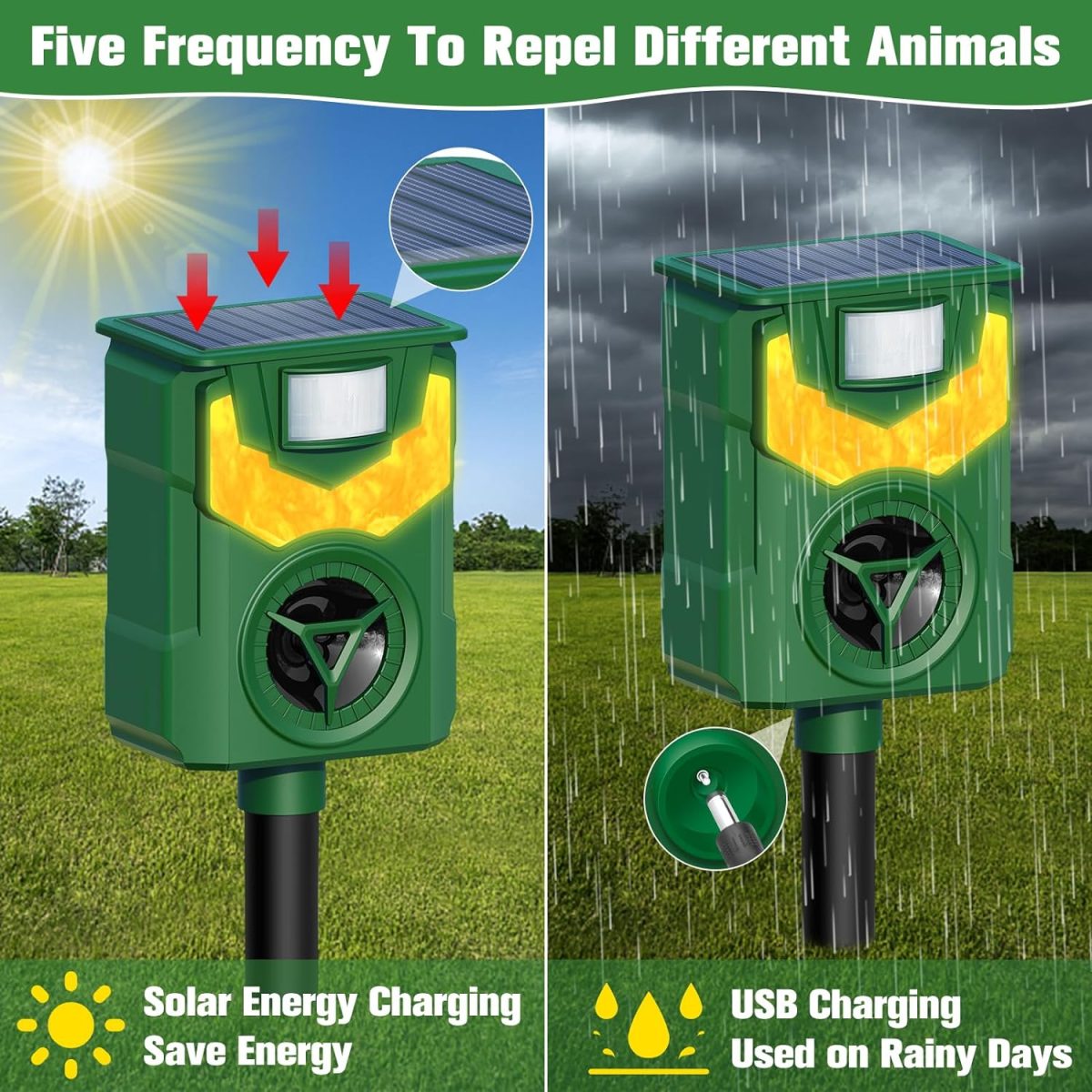 Ultrasonic Animal Repeller,2024 Cat Deterrent Outdoor,Deer Repellent Devices Flame Light Ultrasonic Pest Repellent With Motion Sensor,Repel Dogs Bird Skunk Rabbit Squirrels Deer Raccoon