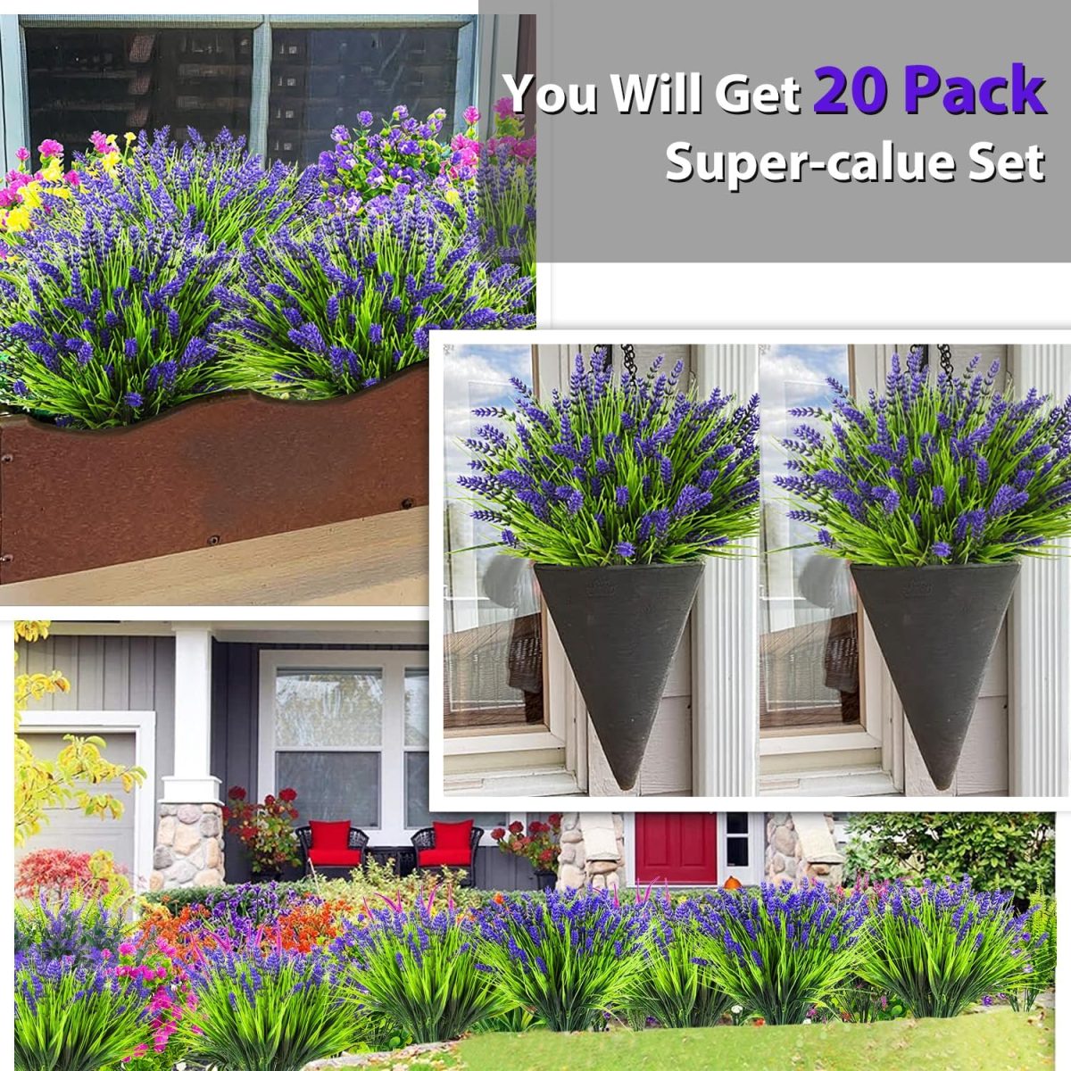 20 Bundles Artificial Plants Outdoor, Flowers Uv Resistant Artificial Flowers Lavender Outdoor Plants, Faux Flowers Shrubs For Porch Garden Window Box Home Decoration