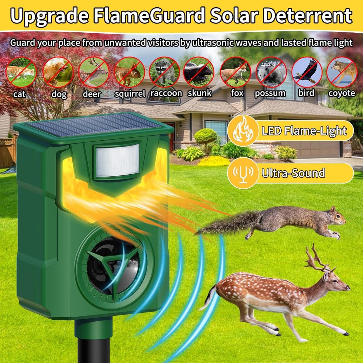 Ultrasonic Animal Repellent, Cat Deterrent Outdoor, 2024 Flame Light Animal Repellent For Garden, Solar Animal Repeller With Motion Sensor, Repel Dogs Bird Skunk Rabbit Squirrels Deer For Yard