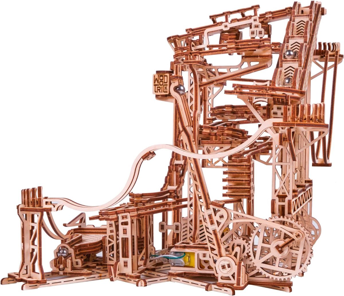 Wood Trick Wooden Marble Run Spiral Electric Motorized - Wooden 3D Puzzles For Adults And Kids To Build - 13X13 - Roller Coaster Mechanical Wooden Model Kits For Adults And Teens To Build