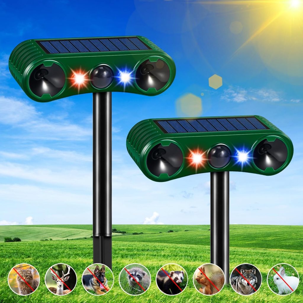 Solar Ultrasonic Animal Repellent Outdoor Nocturnal Animal Deterrent With Motion Sensor Red Blue Led Predator Light Siren For Cat Coyote Squirrel Deer Dog Bird Skunk For Yard Chicken Coop Lawn (2)