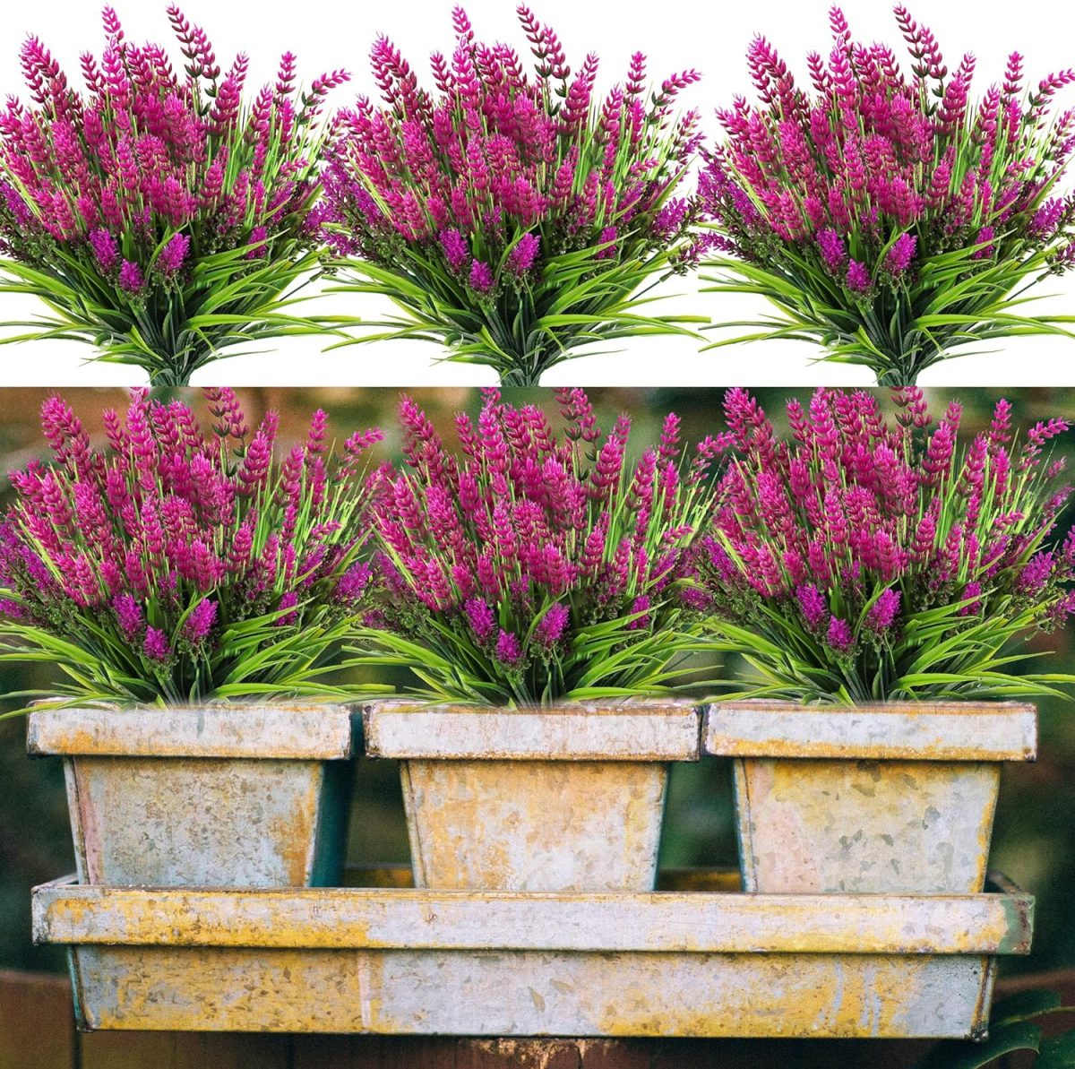 12 Bundles Artificial Plants Outdoor Monkey Grass With Flowers Faux Greenery Shrubs For Garden Patio Porch Window Box Home Indoor Farmhouse Hanging Planter Décor (Purple)