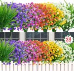 24 Bundles Artificial Flowers For Outdoor Decoration Uv Resistant Plastic Plants Faux Boston Fern Artificial Greenery For Summer Indoor Outdoor Garden Patio Window Box Kitchen Home Decor