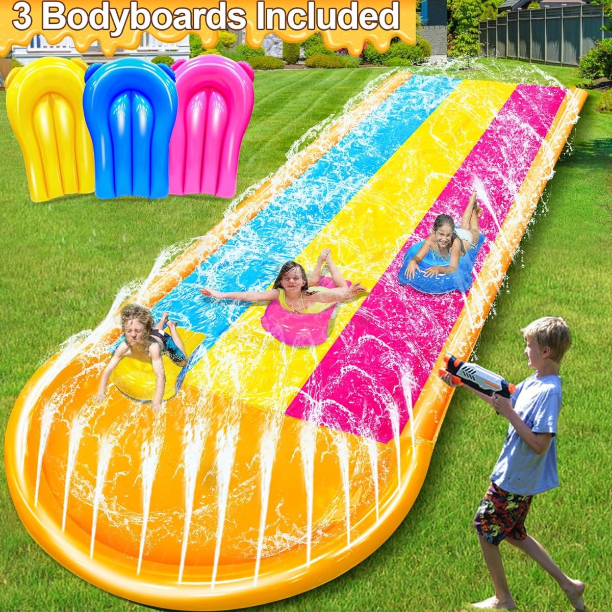 [ 3 Sided Safe Fence ] Extra Width Triple Slip Water Slide With 3-Way Sprinklers, Backyard Lawn Water Slides And 3 Bodyboards With Handle, Summer Outdoor Water Fun Toys For Kids Adults,16Ft X 7Ft