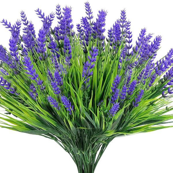 12 Bundles Artificial Plants Outdoor, Uv Resistant Monkey Grass With Lavender Flowers Greenery Stems No Fade Faux Shrubs For Home Garden Window Box Porch Front Patio Office Decor - Purple