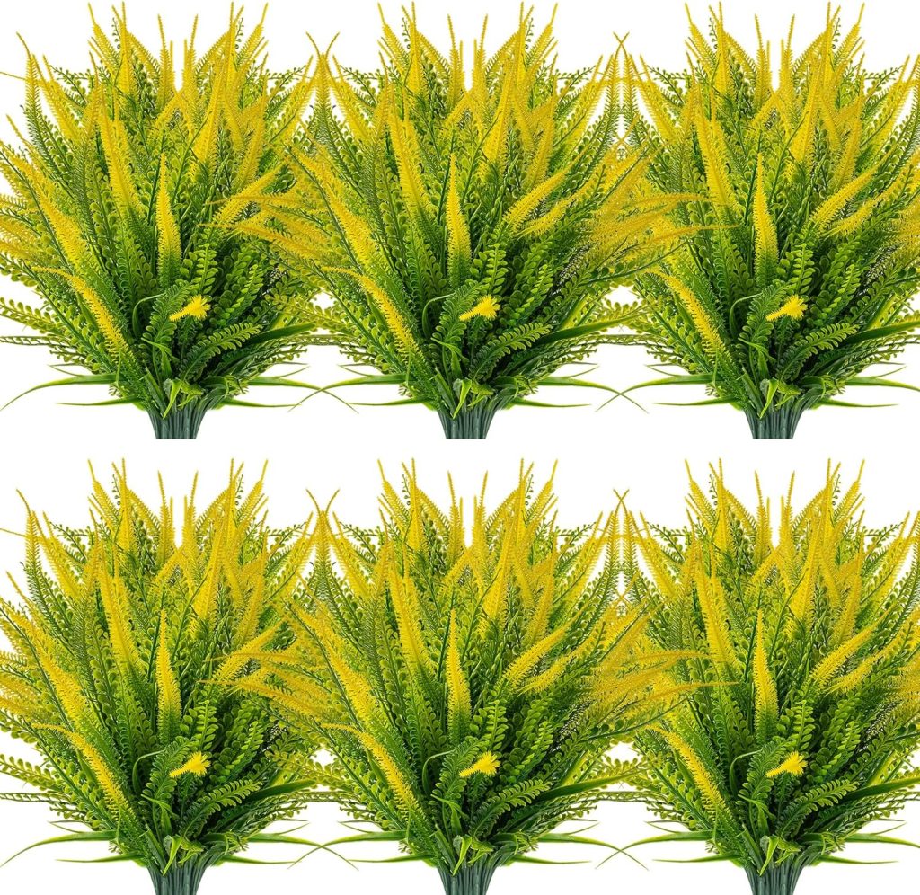 Zeostaro 12 Bundles Artificial Plants Outdoor Boston Fern Greenery With Flowers Faux Uv Resistant Shrubs Garden Patio Porch Window Box Farmhouse Hanging Decor(Yellow)