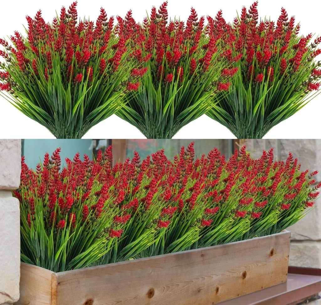 Zeostaro 12 Bundles Artificial Plants Outdoor Grass With Lavender Flowers Faux Uv Resistant Greenery Garden Patio Porch Window Box Farmhouse Hanging Decorating(Red)