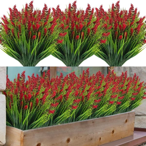 Zeostaro 12 Bundles Artificial Plants Outdoor Grass With Lavender Flowers Faux Uv Resistant Greenery Garden Patio Porch Window Box Farmhouse Hanging Decorating(Red)