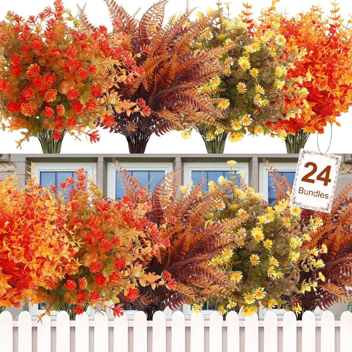 24 Bundles Artificial Flowers For Outdoor Decoration Uv Resistant Plastic Plants Faux Boston Fern Artificial Greenery For Summer Indoor Outdoor Garden Patio Window Box Kitchen Home Decor